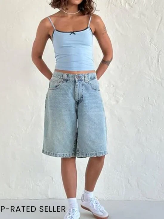 Vintage Y2K Denim Bermuda Shorts Baggy Straight Leg Casual Knee Length Jorts - Picture 5 of 7